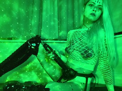Your alien goddess gets her power from your prostate orgasms … so by now, she’ll be unstoppable.