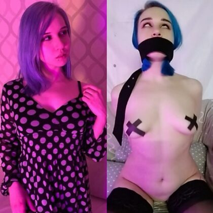 Eve before and after hands tied and mouth gagged with nipples duct taped from the weekend