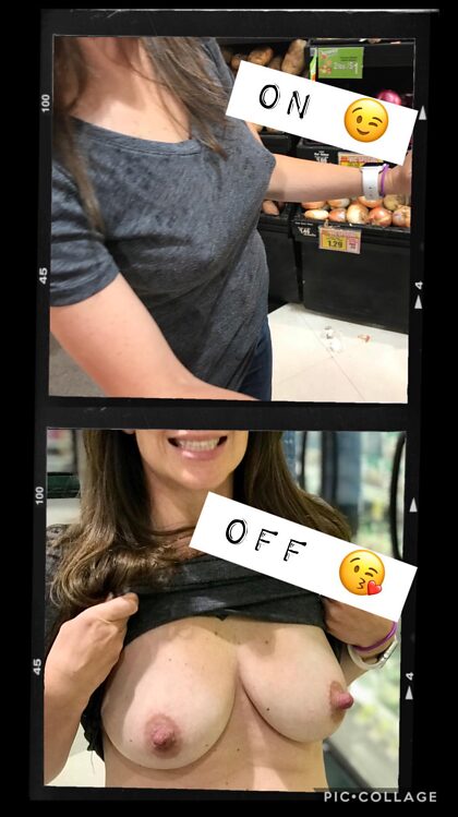 On/off while grocery shopping. Hubs talked me into not wearing a bra and with my constantly hard nips that is VERY obvious☺️.