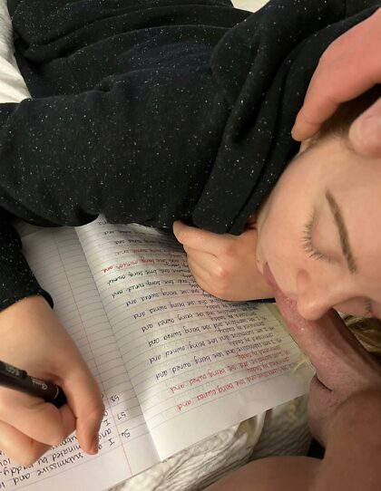 Writing lines with daddy’s cock in her mouth