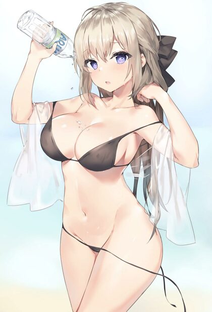 Cooling herself off, even the bikini is getting too hot~