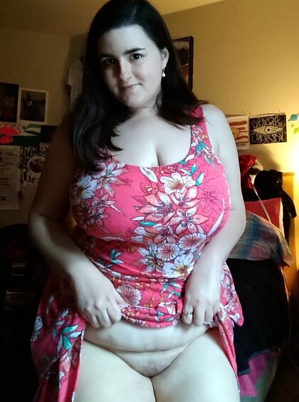 Sundress & no bra weather the other day. Didn't wear panties so I took this little peek a boo of my chubby belly and pussy. Wyt? F/28