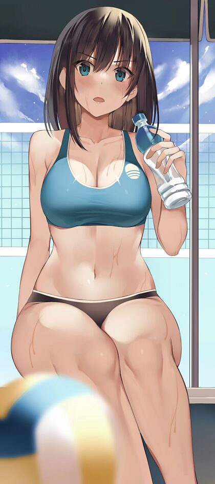 Drinking some water during a break in her volleyball game