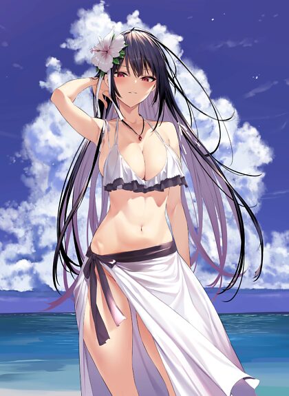 Takamine Takane in einem weißen Bikini mit Rüschen und Sarong