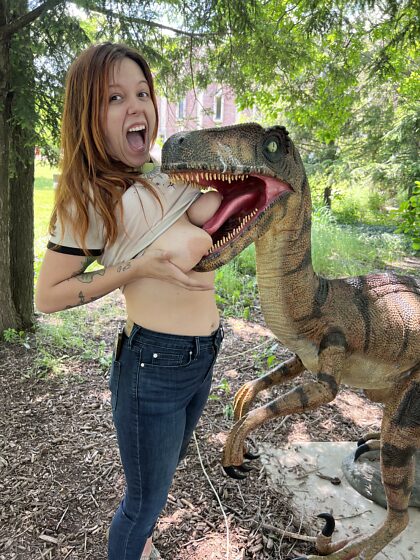 Velociraptors aren’t as scary as Dr. Grant and Dr. Malcolm made them seem! See? This one’s a boob guy!