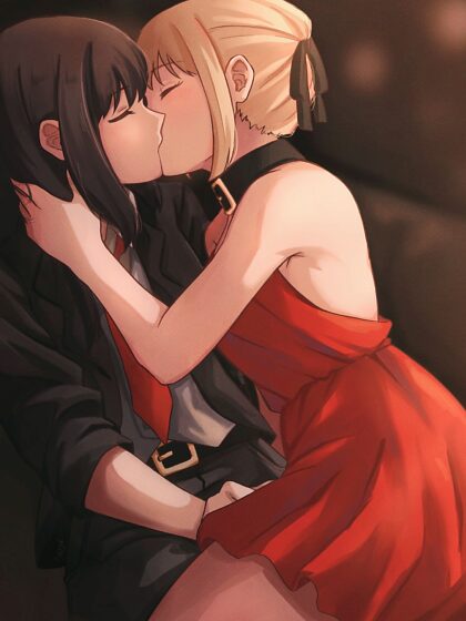Chisato beijando Takina [Lycoris Recoil](Arte de 사피)