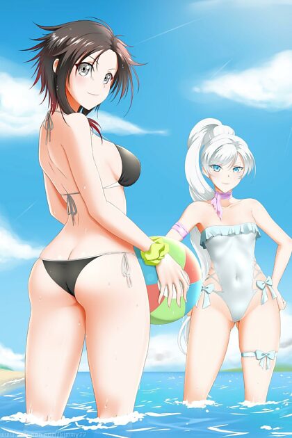 Ruby and Weiss at the beach