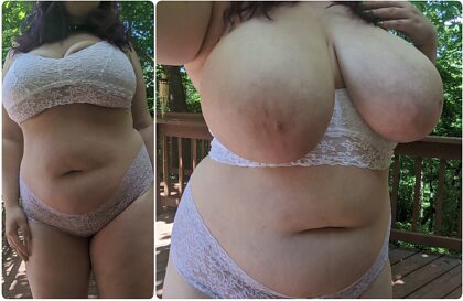 On/off white bralette. It barely fits my big jugs