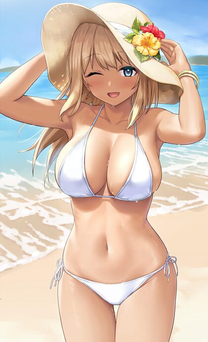 Милая блондинка на пляже (Юсуке Савада) [Оригинал художника]