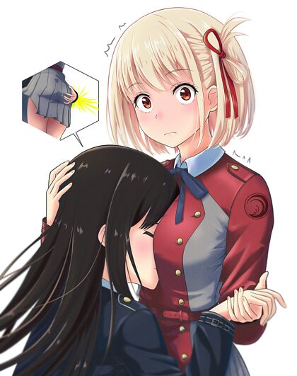 Takina abbraccia Chisato (di argento)[Lycoris Recoil]