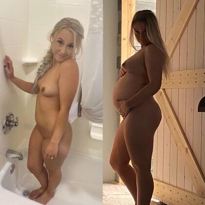 Before and After. Would you let a pregnant stranger suck the cum out of your cock? 