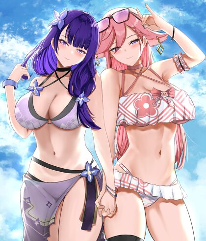 Ei i Yae trzymające się za ręce na plaży (autor: Tian Kazuki)[Genshin Impact]