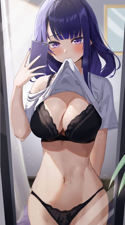 Raiden lifts her shirt to take a mirror selfie (by やまもと)[Genshin Impact]
