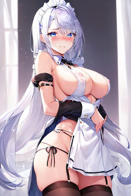 Silver-haired maid has a wardrobe malfunction