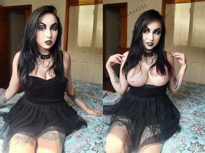 Decided to do a trad goth look today, take a look at my cute outfit and sneak a little peak at my titties too!