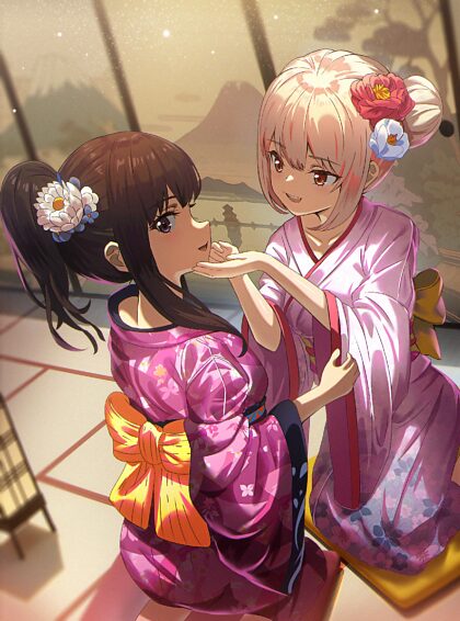 Takina en Chisato dragen kimono's