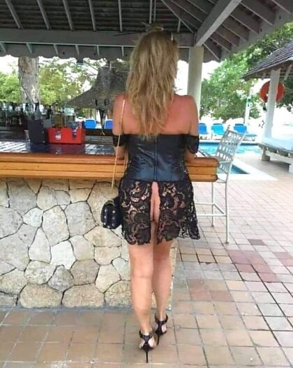 This lady near a bar in the morning.