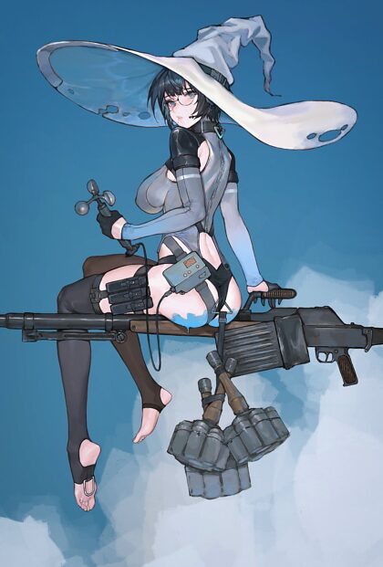 A witch with a flying machine gun