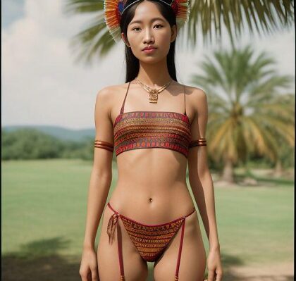 전통적인 t-포즈를 입은 18세 한국 란제리 모델, 작은 가슴, 그을린 피부, 음모가 있는 부분 누드의 필름 사진.