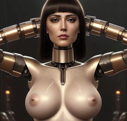 18yo cyborg brunette seductively showers, her perfect boobs, bangs and pubic hair a dark fantasy come true.