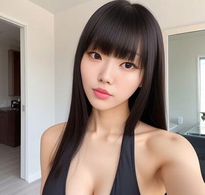 Корейская девушка-подросток в бикини с черными волосами и челкой: селфи, глядя в зеркало!