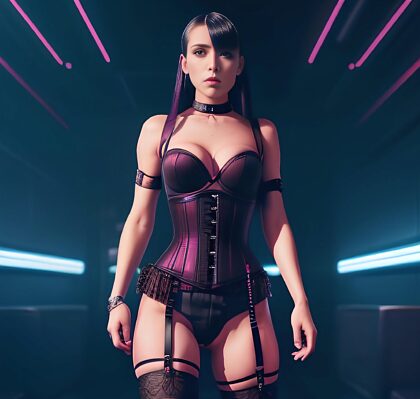Ragazza confraternita arrabbiata in corsetto e girocollo cyberpunk con culo piccolo e calze