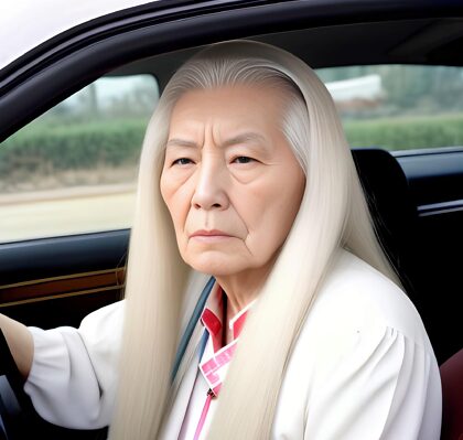 80 YO Chinese GILF: Piękna przejażdżka zabytkowym samochodem z poważnymi siwymi włosami i długimi śpiącymi włosami”.