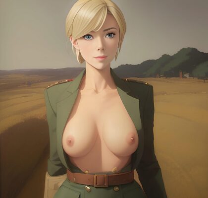 Topless French Pixie in Military Suit: Partially Nude Front View Illustration