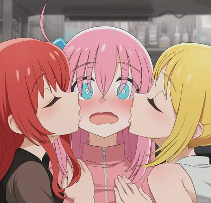 Bocchi-chan에게 키스하는 Kita와 Nijika