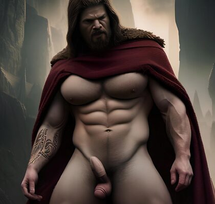 Il grosso cazzo eretto di un bodybuilder vichingo trentenne in Dark Fantasy Mountains: capelli neri arrabbiati, parzialmente nudo, corpo perfetto, tatuaggi'.