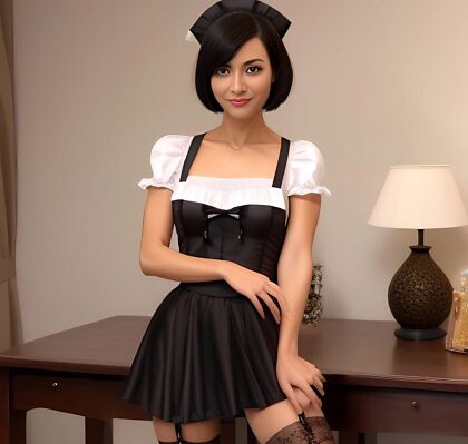 A 40yo Spanish pixie with serious beauty, black hair, mini skirt, blouse, stockings and a skinny figure - what more could you want?