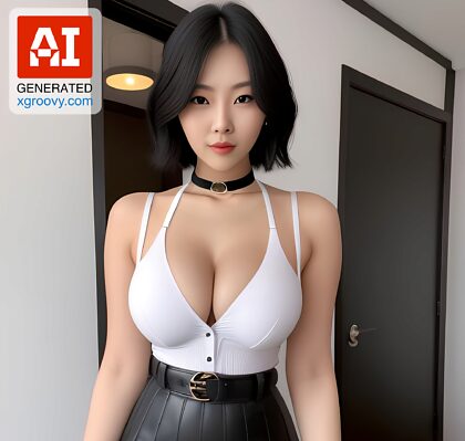 Korean beauty, short hair, big hips, perfect body in a mini skirt & choker. I'd love to bend her over my desk & f*ck her hard.