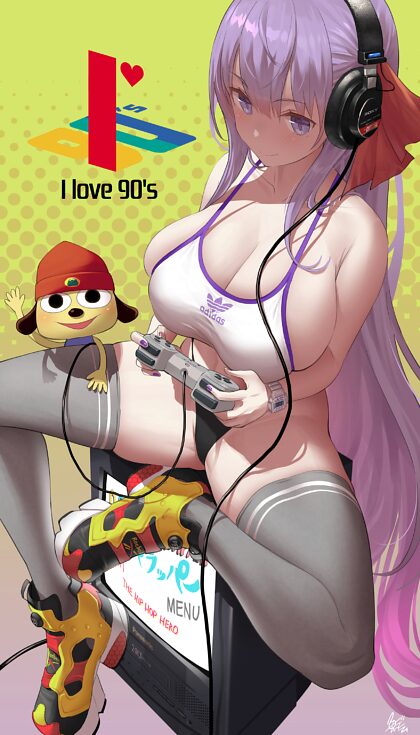 BB wearing some nice sneakers while playing PaRappa the Rapper on the PlayStation 1