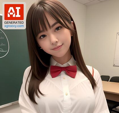 Kneeling in her blouse and bow tie, this 18yo Japanese beauty teases the camera with her small tits.