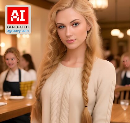 Je suis une blonde hollandaise sûre d'elle, qui sert de la nourriture délicieuse dans ce restaurant cosy.