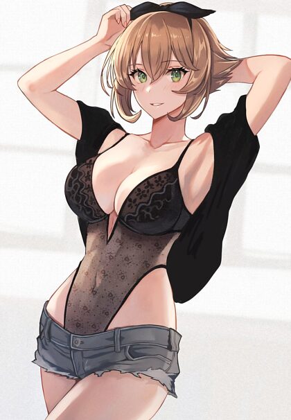 Mutsu showing off her new underwear with hotpants