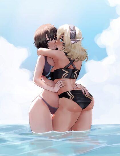 Celica und Umi umarmen sich