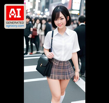 渋谷の交差点で、オルタナティブなひねりを加え、ハイソックスを揺らし、幸せでセクシーな表情をした短髪の日本の女子高生。