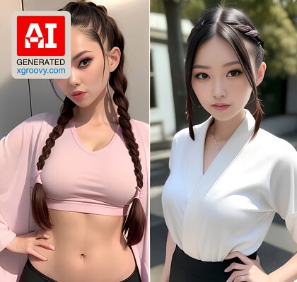 Dünnes 18-jähriges Ahegao-Mädchen mit Zöpfen posiert auf dem T-Shirt, trägt Stiefel, Kimono und Yogahosen – pervers und sexy!