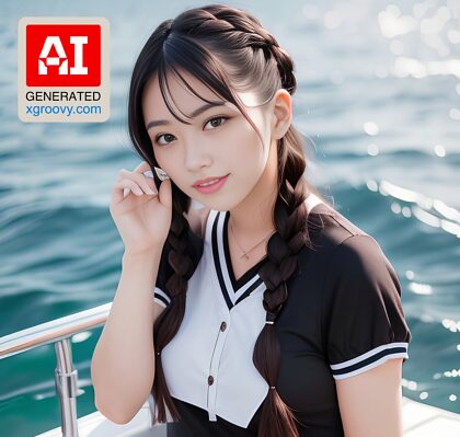 Sou uma marinheira sexy com cabelo preto trançado, rosto feliz e etnia japonesa.