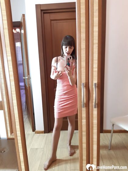 Sexy brunette secretary posing in hot stockings