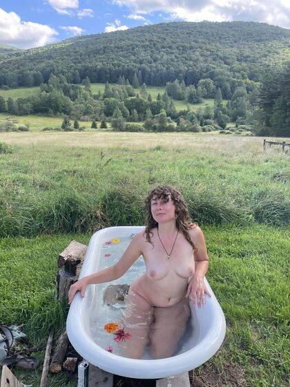 Soaking in a wood fired tub in the Catskills