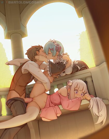 Rem, Emilia e Natsuki Subaru