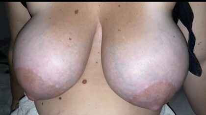 Los hermosos pechos hinchados de mi novia. Repletos de leche