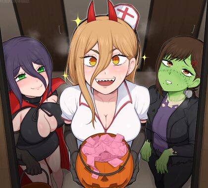 Power, Reze, and Kobeni getting into some Halloween fun