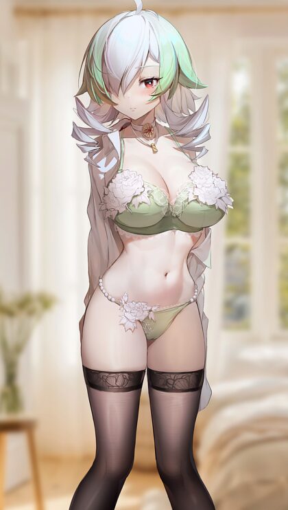Trying on her new lingerie.