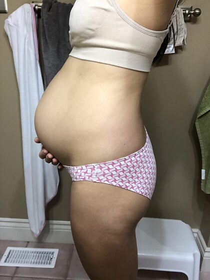18 weeks. No boobs and no ass. Oh well. That’s how I was made. If I get enough requests, I’ll post one without bra and panties. But I think with clothes looks better since I have no boobs and no butt lol