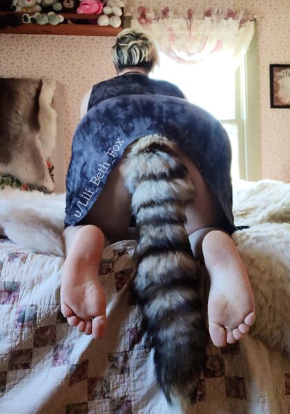 Ik draag graag mijn pluizige vossenstaart onder mijn huisjurk terwijl ik klusjes doe!  Zou je mijn staart willen optillen??