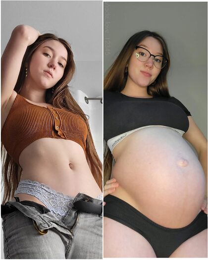 Vóór de zwangerschap versus 9 maanden zwanger