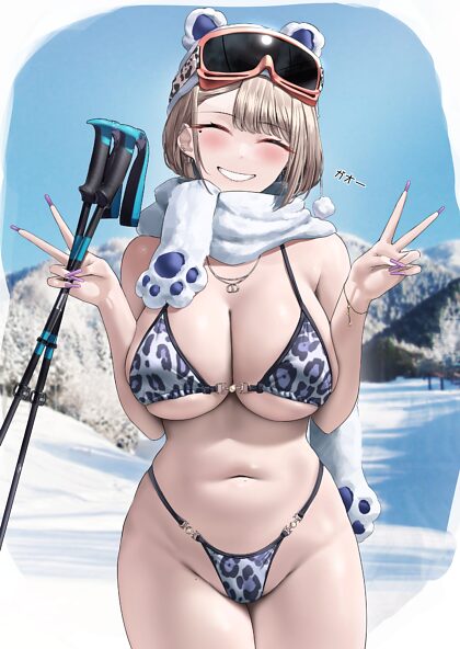 Asako in bikini in het skigebied